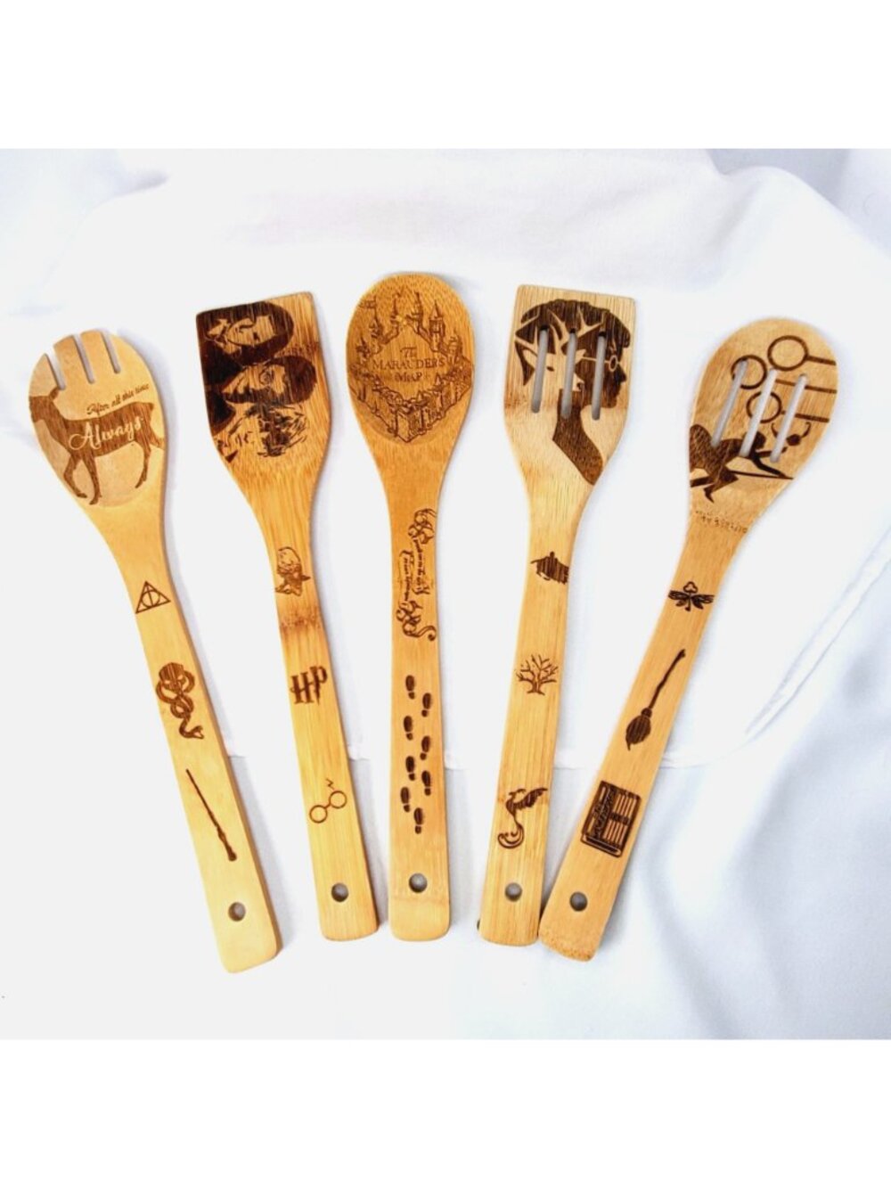 Harry Potter Engraved Bamboo Cooking Utensils Set Of 5 Never used - Picture 2 of 6